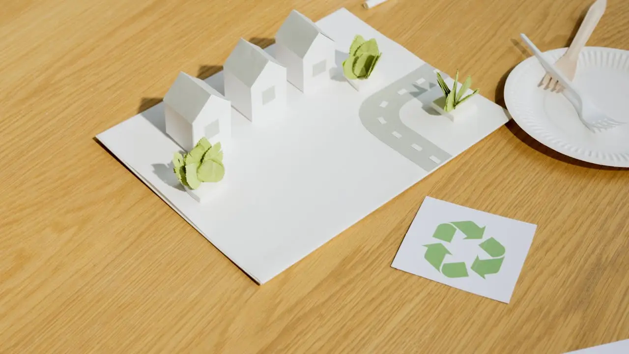 Paper model of houses and trees with a recycling symbol, promoting eco-friendly concepts.
