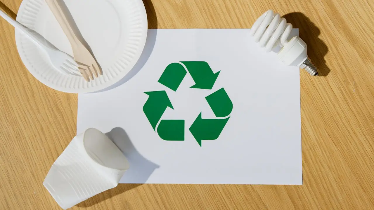 Eco-friendly utensils, light bulb, and recycling symbol on paper emphasize sustainable living.